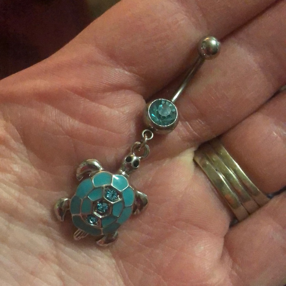 Blue Dangly turtle belly button ring
